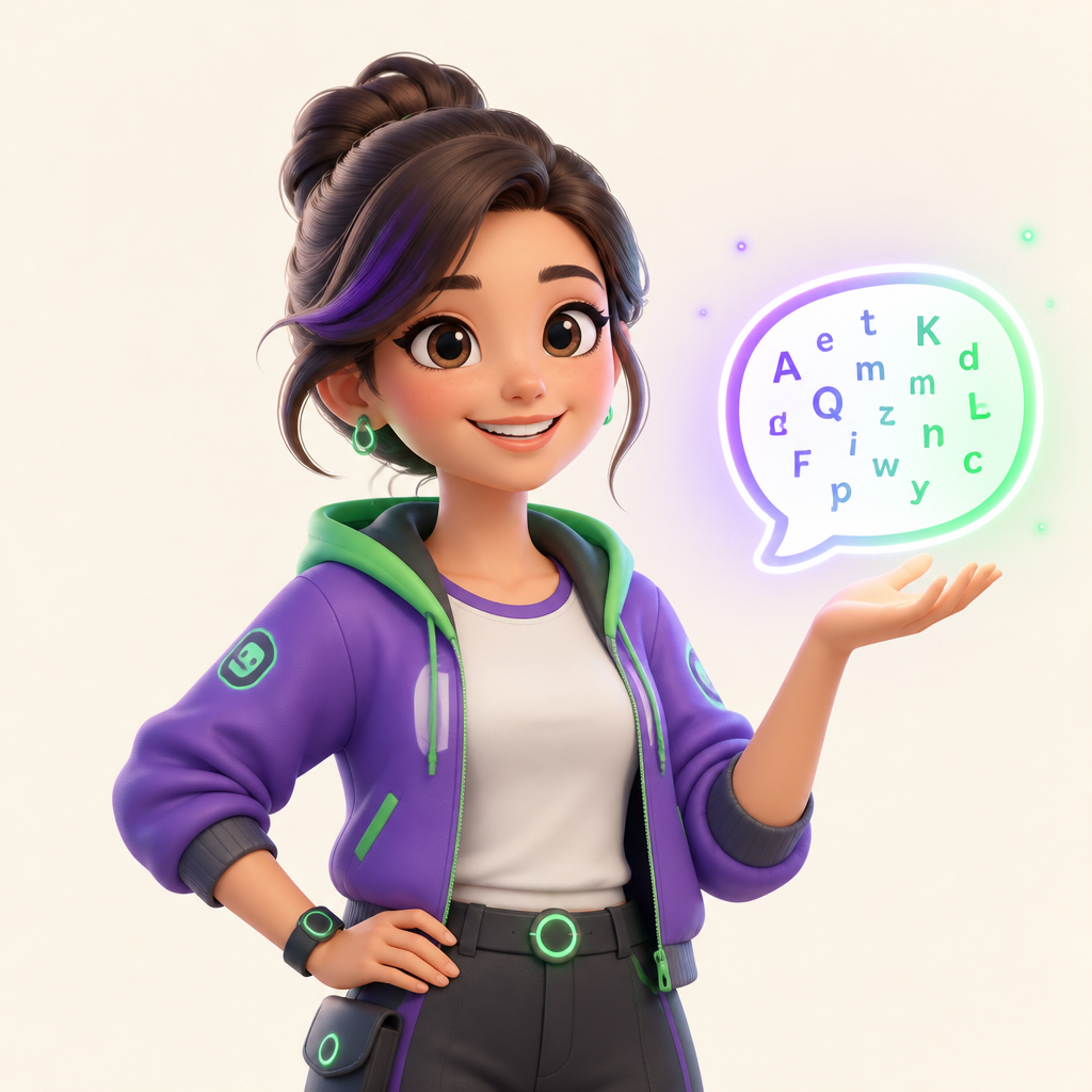 Mia, a professora de IA do FluentIA, sorrindo e segurando um balão de conversa em inglês